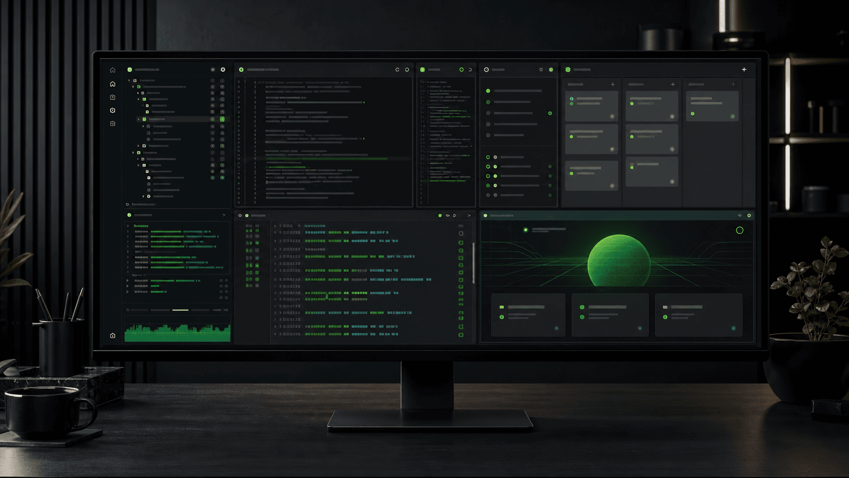 A dark coding control room with terminal panes, project board and browser preview